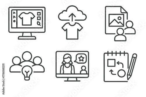 Digital Collaboration Icons. Line style icons of digital collaboration: online design workspace, cloud clothing backup, shared