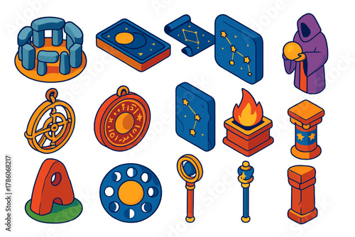 Ancient Astronomy Icons. Isometric vector illustration set Ancient Astronomy: sacred stone circle, eclipse calculation tablet,