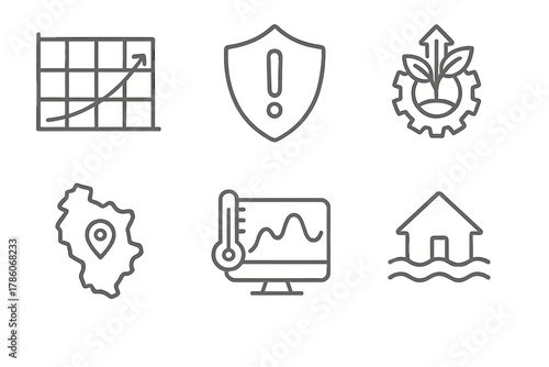 Climate Risk Icons. Line style icons of climate risk assessment: climate scenario chart, risk exposure badge, adaptation strategy
