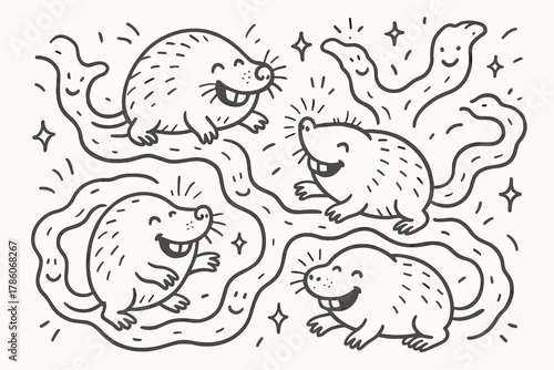 Joyful Mole-Rat Adventure. Joyful doodle subterranean navigation with happy mole-rats, cartoon dirt tunnels waving, smiling