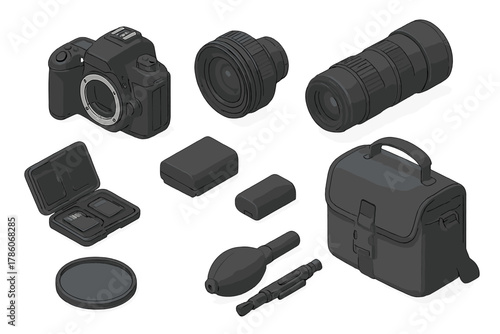News Photographer's Kit. Isometric vector illustration set News and media – press photography kit: camera body, wide-angle lens,