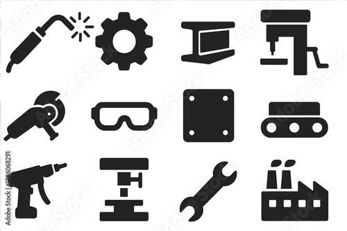 Metalworking Icons Collection. Solid style icons of Industrial Metalworking: Welding Torch, Gear, Metal Beam, Drill Press, Grinder