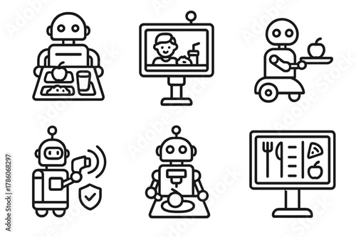 Robotics in Cafeteria Icons. Line style icons of robotics in school cafeterias: food tray robot, AI lunch line monitor,