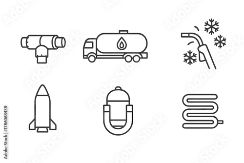 Cryogenics Line Icons. Line style icons of Industrial Cryogenics: steel pipe insulation, liquefied gas transport, welding torch