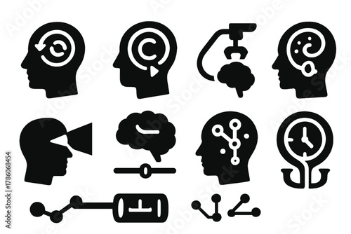 Temporal Mind Engineering Icons. Solid style icons of temporal mind engineering: memory time loops, cognitive rewind rings,