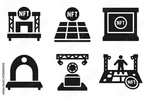NFT Stage Icons. Solid style icons of NFT stage architecture: modular crypto stage, mintable platform grid, tokenized backdrop