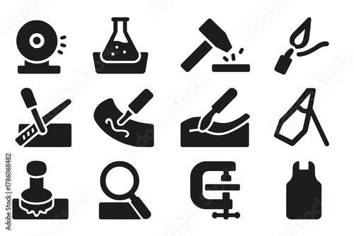 Metalwork Tools Icons. Solid style icons of Metalwork process: polishing wheel, acid etch, hammering surface, annealing flame,