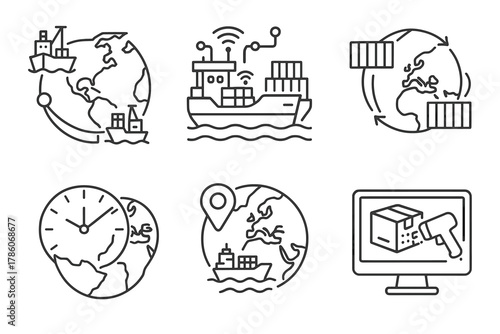 Global Trade Icons. Line style icons of global trade and logistics: port-to-port schedule map, autonomous ship supply chain,