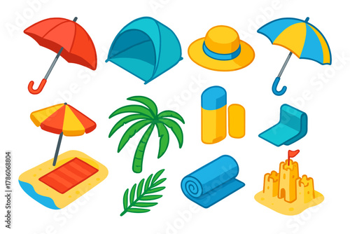Colorful Travel Gear Icons. Isometric vector illustration set Travel gear – travel umbrella, foldable sunshade, sun hat; UV