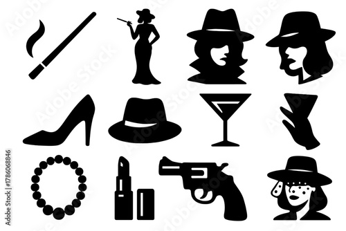Noir Femme Icons. Solid style icons of Noir Femme Fatale: Cigarette Holder, Evening Gown, Shadow, Intrigue, High Heel, Fedora Hat,