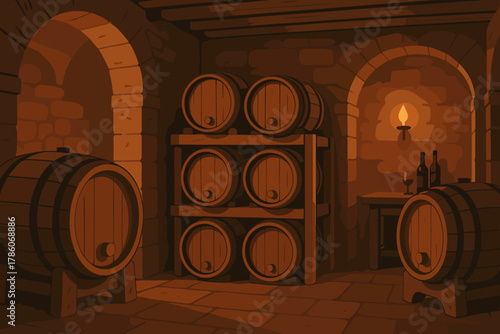 Cozy Wine Cellar Ambiance. Cozy interior of a wine cellar with wooden vector illustration barrels and soft ambient lighting, warm