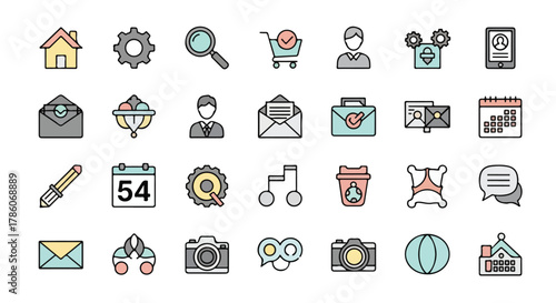 Collection of 24 flat design icons representing business, technology, communication and lifestyle elements, on a white background