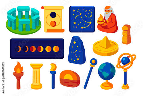 Ancient Astronomy Icons. Isometric vector illustration set Ancient Astronomy: aligned stone circle, eclipse forecast chart,