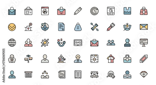 Collection of 40 flat business icons representing services, finance, people, technology, and office work with a modern color palette