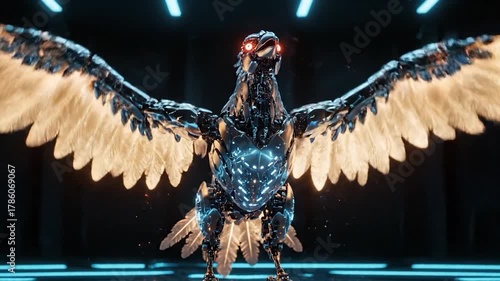 A robotic bird with glowing red eyes and feathered wings spreads its wings in a dark environment