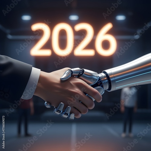 A vivid, atmospheric reinterpretation of human and robot shaking hands under glowing 2026, written with richer detail and modern clarity.