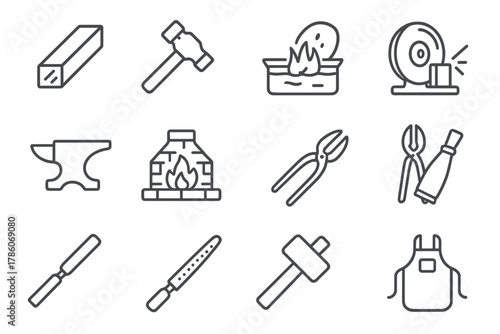 Metalworking Icons Set. Line style icons of Metalworking: Steel Bar, Hammer, Water Bath, Grinding Stone; Anvil, Forge Fire, Tongs,