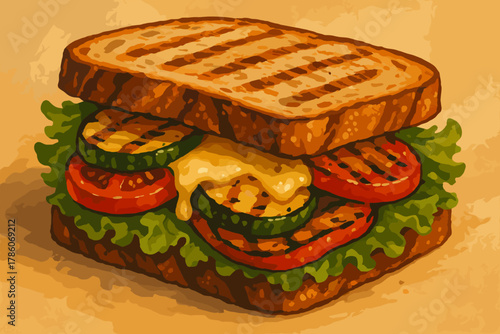 Grilled Veggie Sandwich. Grilled vegetable sandwich with melted cheese, fresh tomatoes, and crisp lettuce, served on rustic bread,