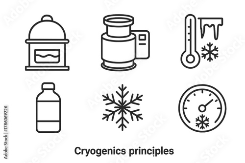 Cryogenics Icon Set. Line style icons of Cryogenics Principles: cooling chamber, cryostat unit, thermometer with frost, vacuum