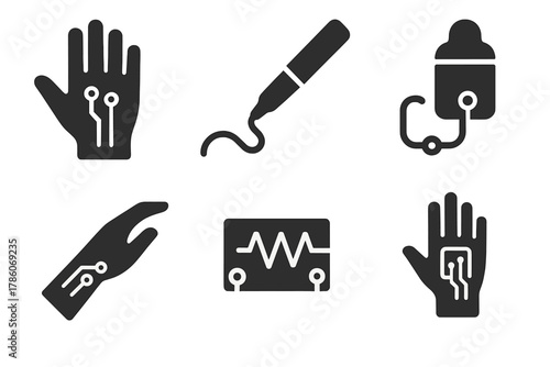 Skin Circuit Icons. Solid style icons of conductive bio-inks and skin circuits: printed circuit on hand icon, bio-pen drawing line