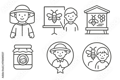 Youth Beekeeping Icons. Line style icons of youth and beekeeping: child in bee suit, bee-themed school project, educational hive