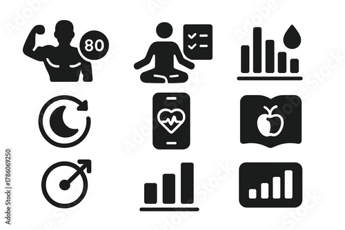 Anti-Aging Lifestyle Icons. Solid style icons of anti-aging lifestyle tracking: fitness + age ring, meditation log icon, hydration