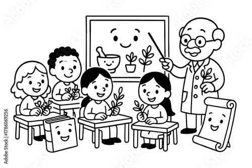 Whimsical Herbal Classroom. Cute doodle traditional medicine classroom with smiling students holding herbs, cheerful books and