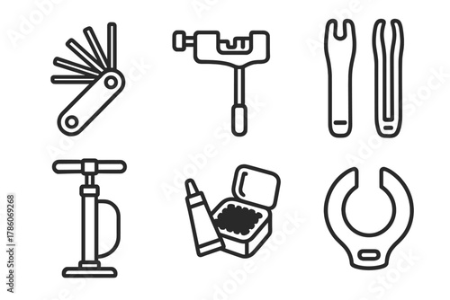 Bike Tools Icons. Line style icons of bike tools: multitool with hex keys, chain tool, spoke wrench, tire levers, bike pump, patch