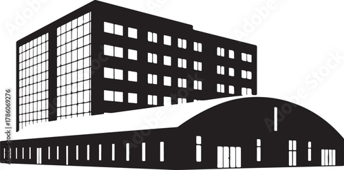 Monochrome architectural building set featuring a modern office complex and dome facility in clean black silhouette form
