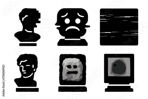 Glitch Art Icons. Solid style icons of glitch and filter art: pixelated bust fragment, distorted emoji sculpture, VHS overlay