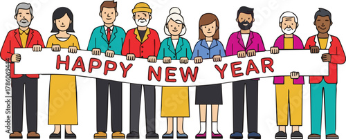 A diverse group of people holding a 'HAPPY NEW YEAR' banner in a colorful 2D flat illustration with a celebratory mood against a clean white background.