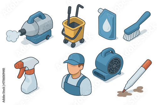 Cleaning Tools Isometric Illustration. Isometric vector illustration set of Cleaning Services: disinfectant fogger, mop bucket
