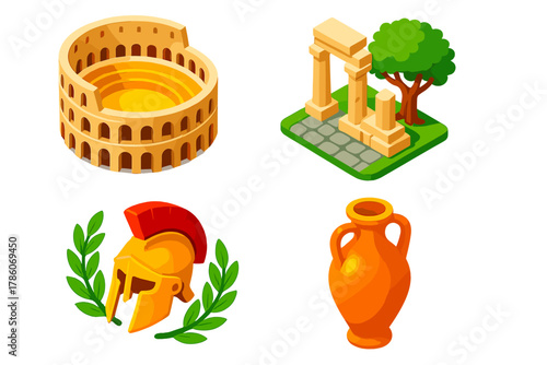 Ancient Rome Icons. Isometric vector illustration set Historical monuments – Colosseum amphitheater, arena floor, exterior arches;