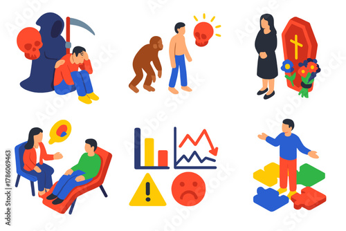 Thanatophobia Symbols. Isometric vector illustration set Thanatophobia: fear of death visualization, evolutionary adaptation icons