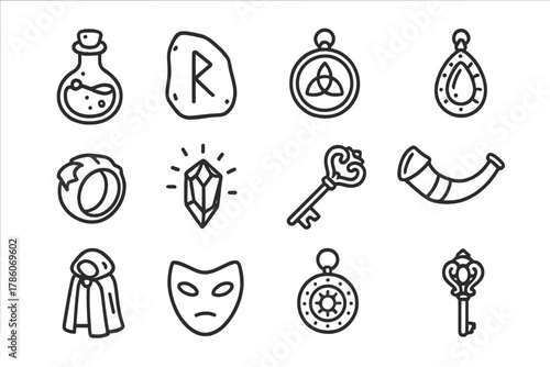 Enchanted Item Icons. Line style icons of enchanted items: potion bottle, rune stone, talisman, amulet; cursed ring, glowing gem,