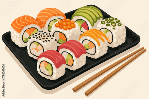 Gourmet Sushi Platter. Gourmet platter of freshly made sushi rolls vector illustration with vibrant toppings, chopsticks resting
