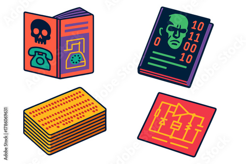 Hacker Culture Artifacts. Isometric vector illustration set Hacker Culture Relics: Hacker zine with phone guide, 2600 Magazine