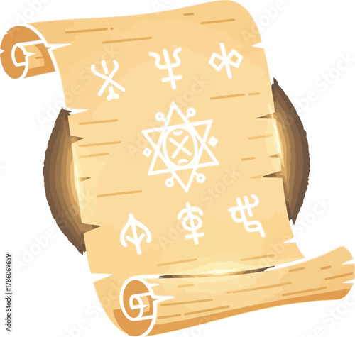 Ancient scroll with mystical symbols and magical inscriptions on parchment paper