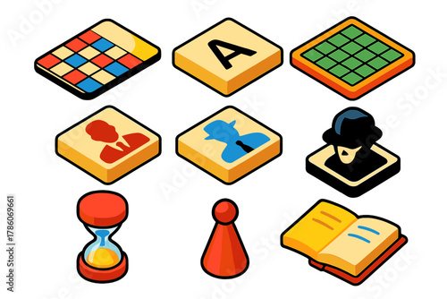 Colorful Board Game Icons. Isometric vector illustration set Board games – key card, word tile, grid board; agent tile, agent tile