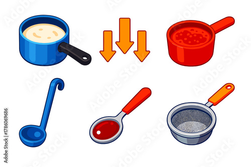 Sauce Making Essentials. Isometric vector illustration set Sauce Making: béchamel pot, tomato sauce pan, reduction arrows, ladle