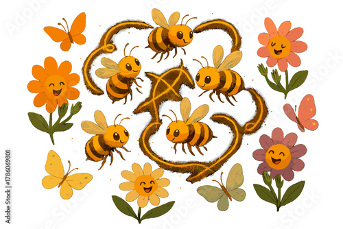 Bee Dance Extravaganza. Bee waggle dance party with bees tracing glowing paths, flowers clapping, and butterflies joining in No