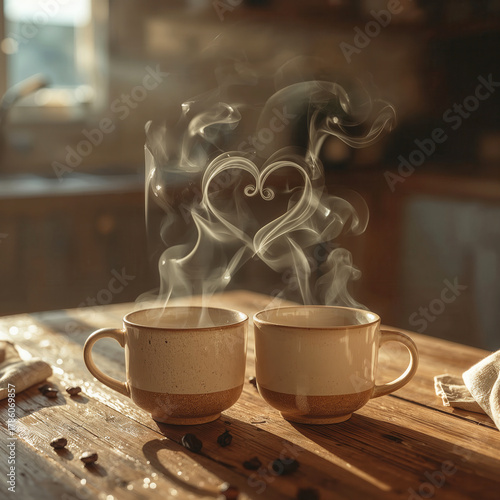 Due tazze di caffè fumanti con vapore a forma di cuore su tavolo rustico. Generative AI