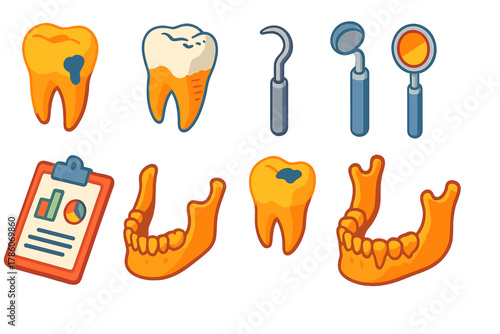Ancient Dental Artifacts. Isometric vector illustration set Paleopathology of dental health: ancient dental specimens, cavities