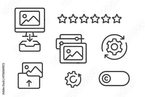 Photography Workflow Icons. Line style icons of digital workflow for photography: import photos symbol, rating stars row, batch