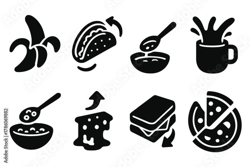 Reversing Food Mechanics. Solid style icons of unexpected food mechanics: self-peeling banana, taco folding back up, soup