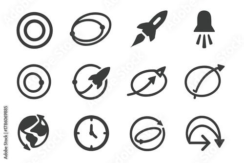 Hohmann Transfer Icons. Solid style icons of Hohmann transfer orbits: two concentric orbits, elliptical transfer path, spacecraft