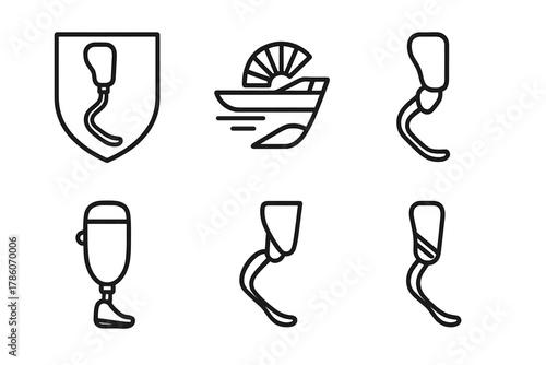 Sporty Prosthetic Icons. Line style icons of prosthetics for athletic identity: sports team logo panel, competition finish shell,
