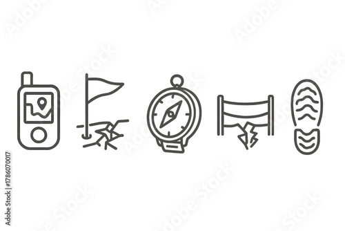 Snow Navigation Icons. Line style icons of navigation in snow terrain: GPS device icon, ice route marker flag, compass with tilt,