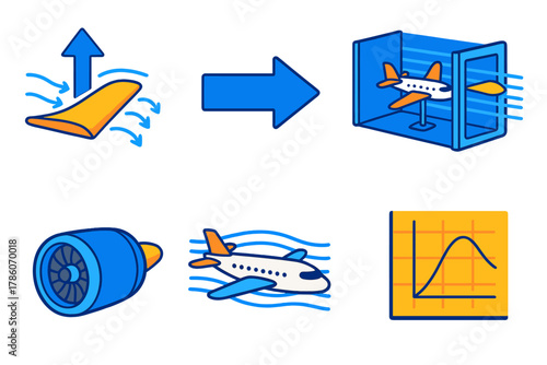 Aerodynamics Icon Set. Isometric vector illustration set Aerodynamics of Flight: airplane wing lift diagram, drag force arrow,