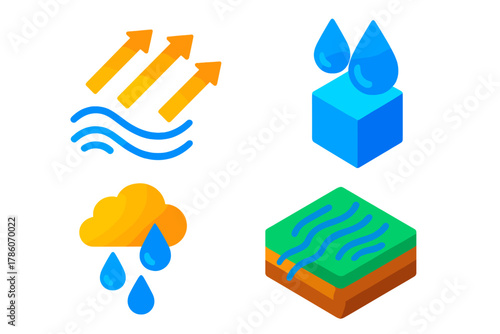 Atmospheric Moisture Diagram. Isometric vector illustration set Atmospheric Moisture Tracking: Vapor stream arrows, high humidity